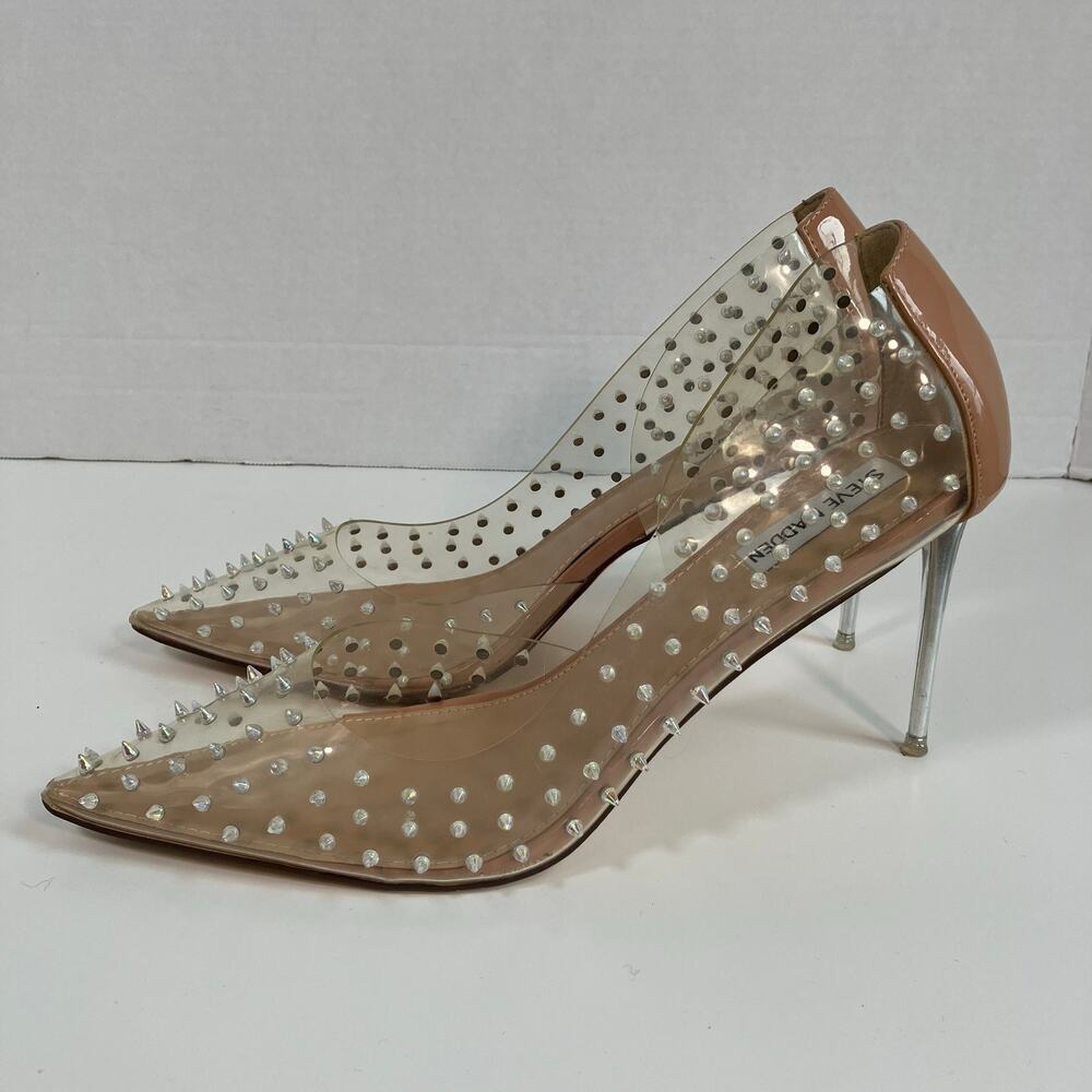 Steve Madden Sz 11 Tolima Clear Nude Spike Heels Pointed Toe Stiletto Power Heel